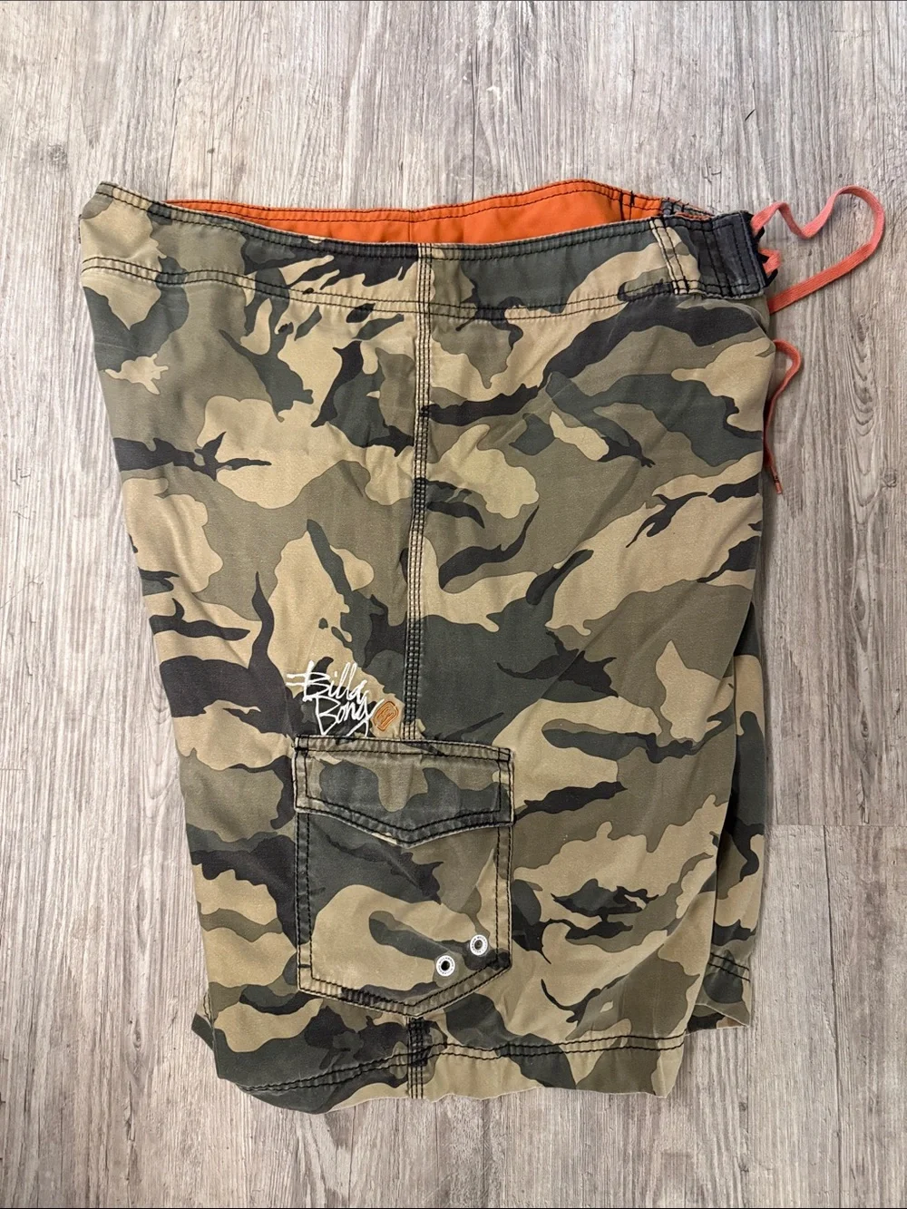 Billabong Green and Tan Camo Cargo Shorts with Orange Waistband